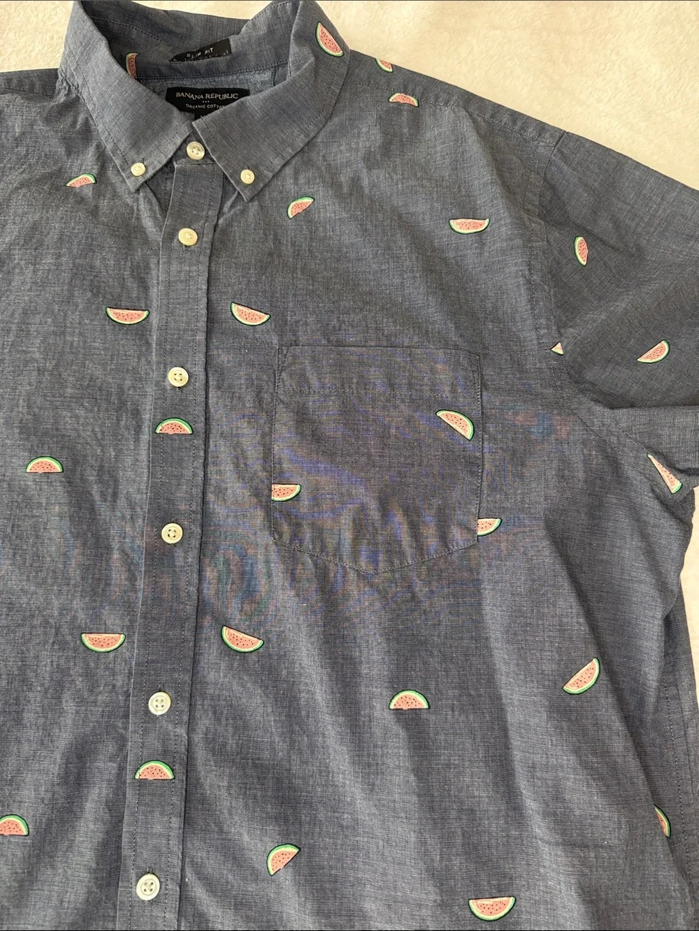 🍉Banana Republic Blue Short-Sleeve Button-Down Shirt with Watermelon Print